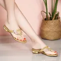 Elegant golden rhinestone thong sandals for women's summer seaside beach vacation - 35 / Gold