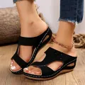 Comfortable summer black wedge sandals with floral cutout design and thick platform sole - Black