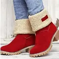 Botines rojos para mujer con ribetes de forro polar crema y tacón bloque para invierno - Rojo