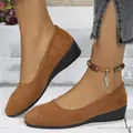Close-up of brown suede wedge shoes for women with colorful beaded anklet detail - 36 / Dark Brown Matte