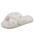 Elegant white fluffy cross-strap slippers for women with decorative faux pearl accents - 36-37 / White