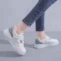Detailed side view of trendy white women's chunky sneakers with stylish thick sole - 35 / Gray Leather Surface