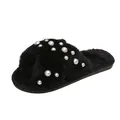 Elegant black faux fur criss-cross slide slippers with decorative white pearl accents - 36-37 / Black