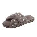 Grey faux fur cross strap slippers for women decorated with elegant white pearls - 36-37 / Khaki