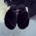 Cozy black plush cross-strap open-toe house slippers for winter warmth and comfort - 36-37 / Black