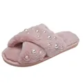 Women's pink faux fur cross strap slippers with pearl embellishments in soft candy color. - 36-37 / Pink