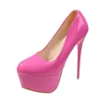 Escarpins élégants en cuir verni rose vif avec une plateforme de 16 cm pour femmes - 35 / Rose Barbie
