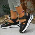 Detailed side view of black hollow-out wedge sandals with velcro strap and white platform - 38 / Black (w-17)
