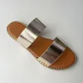 Elegant women's flat slide sandals featuring metallic gold double straps and beaded trim - 36 / Gold
