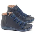 Detailed side view of dark blue leather women's ankle boots with decorative lacing and zipper - 35 / Blue