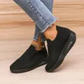 Comfortable black breathable fly-knit mesh air cushion rocker walking sneakers for women - Black