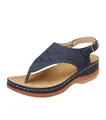 Navy blue embroidered women's thong sandal with wedge sole and adjustable buckle strap - 35 / Dark Blue