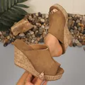 Detailed view of brown suede platform wedge sandals held by hand over pebbles - 38 / Brown