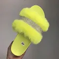 Neon yellow faux fur slide slippers for women featuring a sparkling rhinestone band. - 38 / Yellow