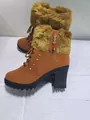Tan high heel boots for women with faux fur trim and rhinestone details - 35 / Dark Brown (Faux Fur Trim Style)