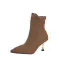 Brown knitted pointed toe sock boots with elegant metallic kitten heel side view - 36 / Coffee