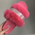 Vibrant pink faux fur slides with sparkling rhinestone strap and thick platform sole - Rose Red
