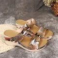 Detailed side view of vintage wedge sandals featuring snakeskin print and platform sole - 35 / Snake Print