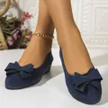 Close-up detail of navy blue suede wedge flats with elegant bow detail on female model feet - 36 / Bowknot Decoration Style / Dark Blue