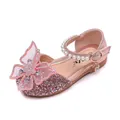 Elegant pink sparkly girls princess shoes featuring butterfly bow and pearl ankle strap - Size 21 (13.5cm) / Pink