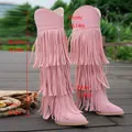 Detailed view of pink tiered fringe cowboy boots with height measurements in cm and inches. - Pink