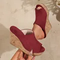 Detail of burgundy suede wedge sandals with cork platform and peep-toe design - 38 / Burgundy