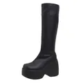 Side view of black platform wedge tall boots with square toe and elastic leather finish - 38 / High-Top Style