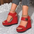 Stylish red suede platform wedge sandals featuring peep-toe and sparkly rhinestone anklet - 35 / Red