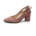 Elegant dusty rose suede pointed toe pumps with chunky heels and decorative bow detail on the back - 35 / Pink