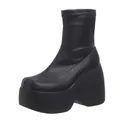 Detailed side view showing the black platform sole and square toe of these stretch boots - 38 / Short-Top Style