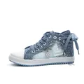 Blue lace mesh high-top sneakers for women with white polka dots and flower charm - 36 / Light Blue
