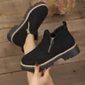 Elegant black suede-style ankle boots featuring side zippers and chunky platform soles - 36 / Black