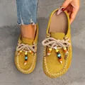 Retro mustard yellow suede loafers with colorful bead detail and soft flat sole - 38 / Yellow