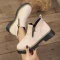 Beige suede round toe ankle boots with side zipper and chunky platform sole - 36 / Beige