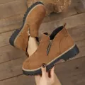 Brown suede-finish round toe ankle boots with chunky sole and side zipper accents - 36 / Brown