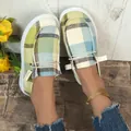 Women's comfortable plaid canvas loafers, stylish green and blue checkered slip-on boat shoes - 36 / Green