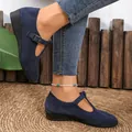 Navy blue suede wedge Mary Jane shoes with adjustable buckle strap and comfy sole - 36 / T-Strap Mary Jane Pointed Toe Wedge Style (333) / Dark Blue