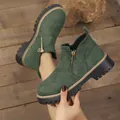 Stylish dark green suede Martin boots for women featuring chunky heel and side zipper - Green