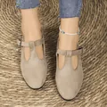 Women's khaki suede pointed-toe Mary Jane wedge flats with stylish T-strap buckle - 36 / T-Strap Mary Jane Pointed Toe Wedge Style (333) / Khaki