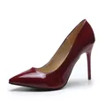 Elegant wine red patent leather pointed toe pumps with stiletto heels for women. - Burgundy