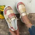 Comfortable red and beige plaid canvas loafers with white soles in a stylish slip-on design - 36 / Red