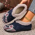 Navy blue women's winter snow boots with floral embroidery and warm faux fur lining - Navy Blue