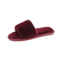 Burgundy plush open-toe flat indoor slippers for women with soft fur texture - Burgundy