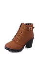 Detail view of brown chunky heel Martin boot with gold buckle and leopard lining. - 35 / Orange