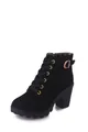 Detailed view of black lace-up ankle boots with thick high heels and gold buckle. - 35 / Black