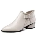 Side view of white women's Chelsea boots with crocodile texture and a bow detail. - 35 / Beige Fleece Lined