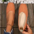 Stylish orange square-toe suede flats for women, comfortable casual loafers for daily wear. - 36 / Orange