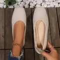 Elegant beige square toe flat women's shoes with soft fabric texture and comfortable sole - Off White