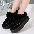 Botas de nieve con lentejuelas negras y plataforma para mujer con ribete de piel SKU - 36 / Negro