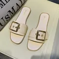 Elegant cream flat slippers for women with gold square buckle detail - 35 / Apricot